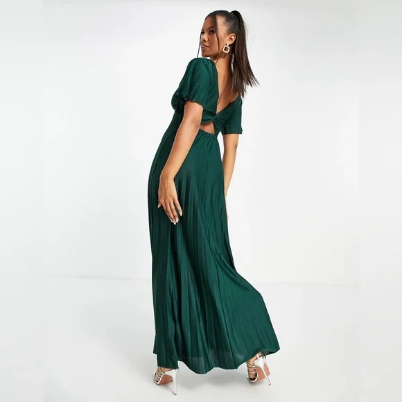 forest green dress asos ASOS DESIGN Bare Shoulder Prom Scuba Midi Dress In Forest Green main image 1